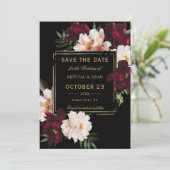 Donkere Moody Burgundy Blush Zwarte Bloemige Bruil Save The Date (Staand voorkant)