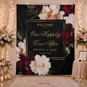 Donkere Moody Burgundy Blush Zwarte Bloemige Bruil Wandkleed