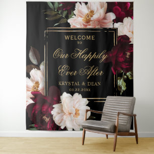 Donkere Moody Burgundy Blush Zwarte Bloemige Bruil Wandkleed