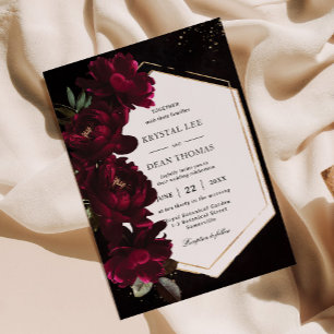 Donkere Moody Burgundy Pioen Bloemen Bruiloft Kaart