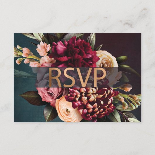 Donkere Moody Floral Bold Red Rose Gold RSVP Informatiekaartje (Voorkant)