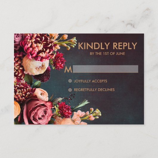 Donkere Moody Floral Bold Red Rose Gold RSVP Informatiekaartje (Achterkant)
