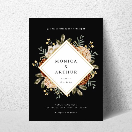 Donkere Moody Floral & Gold Lijst QR Code Weddensc Kaart