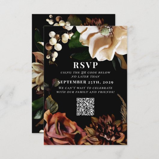 Donkere Moody Magnolia Wedding QR-code Gelieve te RSVP Kaartje (Voorkant / Achterkant)