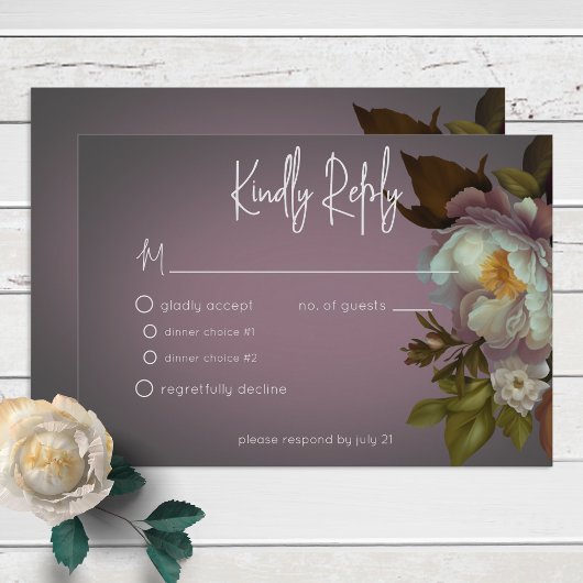 Donkere Moody Mauve Bloemen Moderne Bruiloft RSVP Kaartje