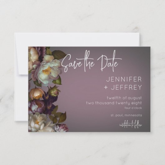 Donkere Moody Mauve Bloemen Moderne Bruiloft Save The Date (Voorkant)