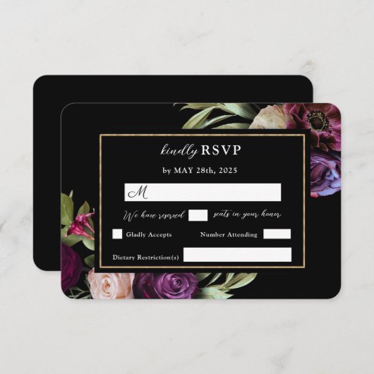 Donkere Moody Paarse Bloemen Moderne Zwarte RSVP K (Voorkant / Achterkant)