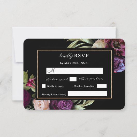 Donkere Moody Paarse Bloemen Moderne Zwarte RSVP K (Voorkant)