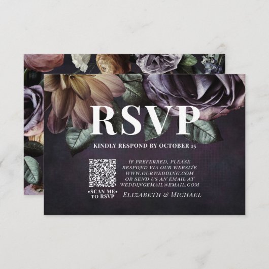 Donkere Moody Paarse Floral QR Code Wedding RSVP K (Voorkant / Achterkant)