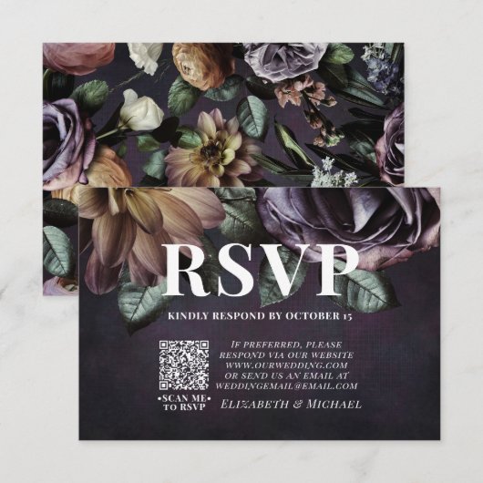 Donkere Moody Paarse Floral QR Code Wedding RSVP K Kaartje (Voorkant / Achterkant)
