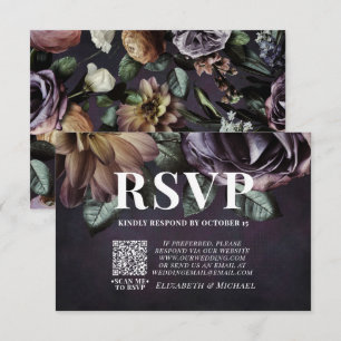 Donkere Moody Paarse Floral QR Code Wedding RSVP K Kaartje