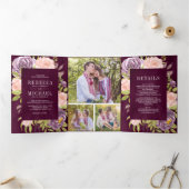 Donkere Moody Plum Paarse Blos Roze Bloemige Trouw Drieluik Uitnodiging (Binnen)