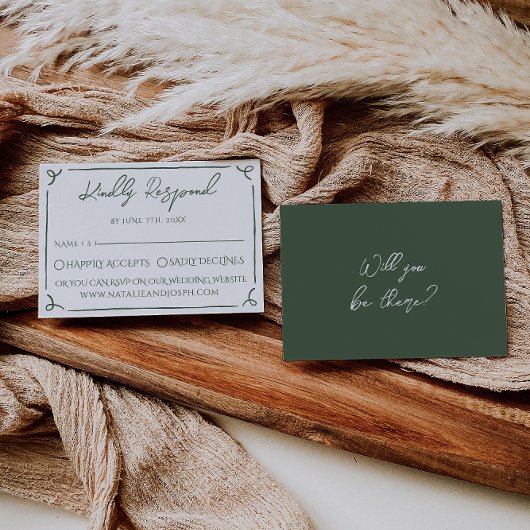 Donkere mosgroene whimsical boho moderne trouw RSVP kaartje