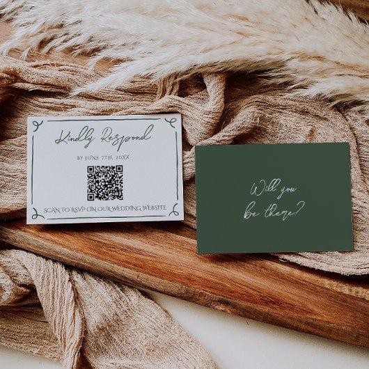 Donkere Mosgroene Whimsical Boho QR Code Huwelijk RSVP Kaartje