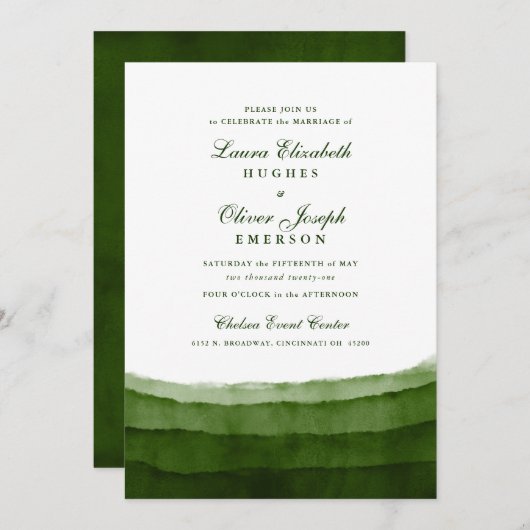 Donkere Moss Green Waterverf Wedding Invitations Kaart (Voorkant / Achterkant)