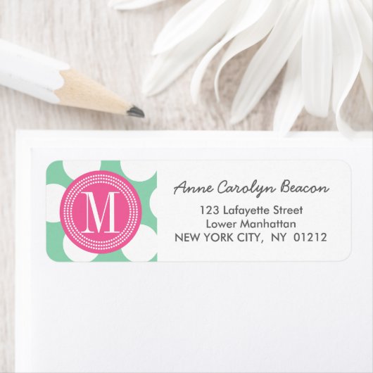 Donkere Munt & Roze| Grote Polka Dots Monogrammed Etiket (Insitu)