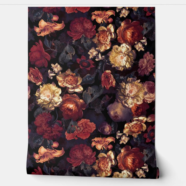 Donkere nacht Romantiek: Maximalisme Moody Florals Behang (Afrollen)