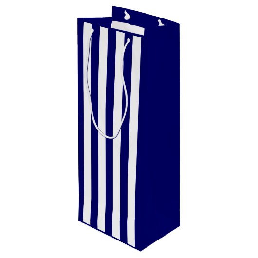 Donkere Navy blauw en witte streep Wijn Cadeautas (Achterkant Gekanteld)