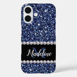 Donkere Navy Blue Glitter & Pareltjes, naam en mon iPhone 16 Hoesje