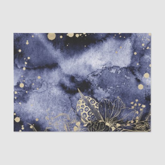 Donkere Navy Blue Water Kleur met gouden bloem 2 Tissuepapier (Voorkant)