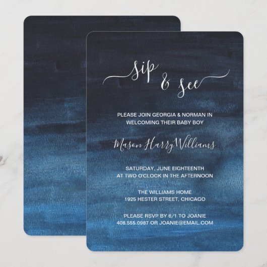 Donkere Navy Blue Waterverf Wash Boy Sip and See Kaart (Voorkant / Achterkant)