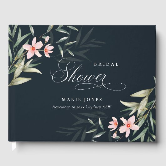 Donkere Navy Blush Groene Flora Boeket Bruiloftssh Gastenboek (Voorkant)