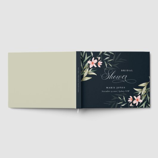 Donkere Navy Blush Groene Flora Bos Bruiloft Gastenboek (Volledig)