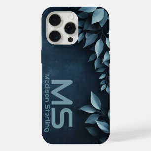 Donkere Navy Botanische Bladeren Monogram iPhone H 15 Pro Max Case