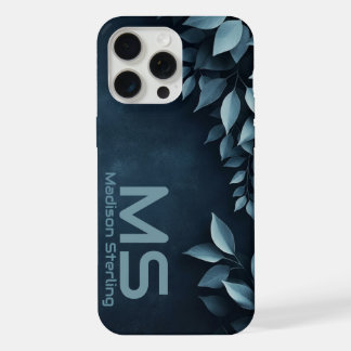 Donkere Navy Botanische Bladeren Monogram iPhone H 15 Pro Max Case
