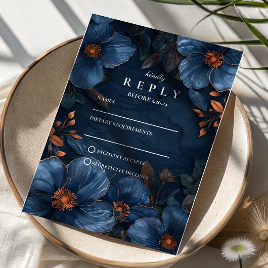 Donkere Navy Botanische Romantiek RSVP Kaartje