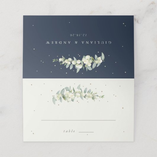 Donkere Navy/Cream Snowberry+Eucalyptus Bruiloft Plaatskaartje (Buitenkant ongevouwen)