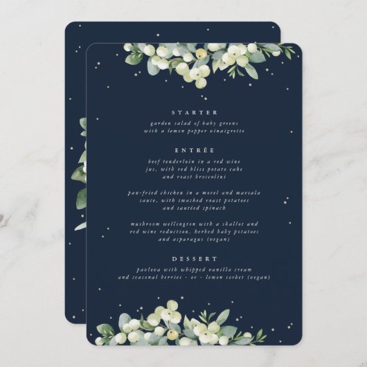 Donkere Navy Snowberry + Eucalyptus 3 gangen bruil Menu (Voorkant / Achterkant)