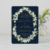 Donkere Navy Snowberry+Eucalyptus alleen ontvangst Folie Uitnodiging (Staand Voorkant)