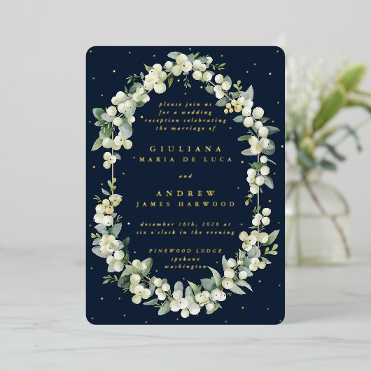 Donkere Navy Snowberry+Eucalyptus alleen ontvangst Folie Uitnodiging (Staand Voorkant)