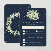 Donkere Navy Snowberry+Eucalyptus Boeket Bruiloft RSVP Kaartje (Voorkant / Achterkant)