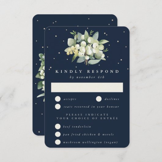 Donkere Navy Snowberry+Eucalyptus Boeket Bruiloft RSVP Kaartje (Voorkant / Achterkant)