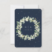 Donkere Navy Snowberry+Eucalyptus Boeket Bruiloft RSVP Kaartje (Achterkant)