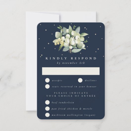 Donkere Navy Snowberry+Eucalyptus Boeket Bruiloft RSVP Kaartje (Voorkant)