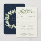 Donkere Navy Snowberry+Eucalyptus Bruiloft Multi-E RSVP Kaartje (Voorkant / Achterkant)