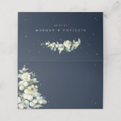 Donkere Navy Snowberry + Eucalyptus bruiloft Plaatskaartje (Buitenkant ongevouwen)