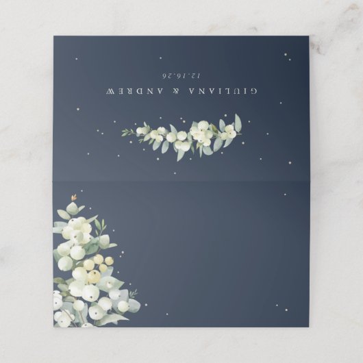 Donkere Navy Snowberry + Eucalyptus bruiloft Plaatskaartje (Buitenkant ongevouwen)