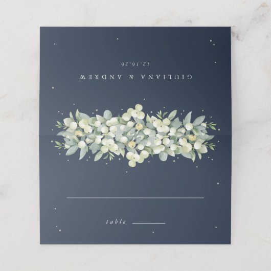 Donkere Navy Snowberry + Eucalyptus bruiloft Plaatskaartje (Buitenkant ongevouwen)
