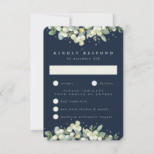 Donkere Navy Snowberry + Eucalyptus Edged Bruiloft RSVP Kaartje (Voorkant)