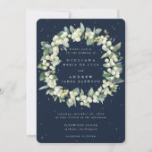 Donkere Navy Snowberry + Eucalyptus krans bruiloft Kaart (Voorkant)