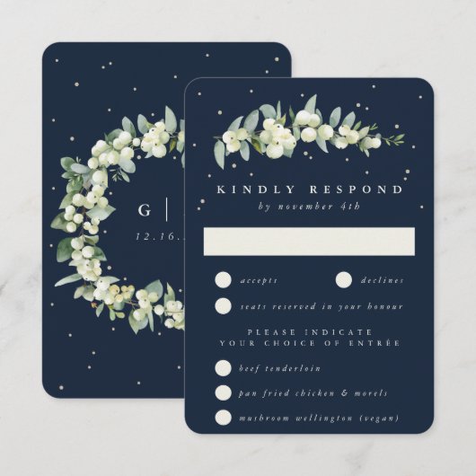 Donkere Navy Snowberry+Eucalyptus Stamhuwelijk RSVP Kaartje (Voorkant / Achterkant)