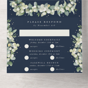 Donkere Navy Snowberry + Eucalyptus Winter bruilof All In One Uitnodiging