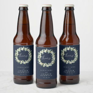 Donkere Navy Snowberry + Eucalyptus Winter bruilof Bier Etiket