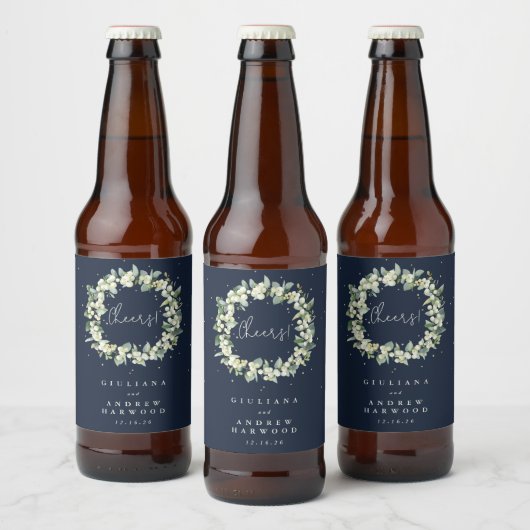 Donkere Navy Snowberry + Eucalyptus Winter bruilof Bier Etiket (Flessen)