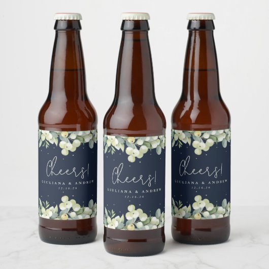 Donkere Navy Snowberry + Eucalyptus Winter bruilof Bier Etiket (Flessen)