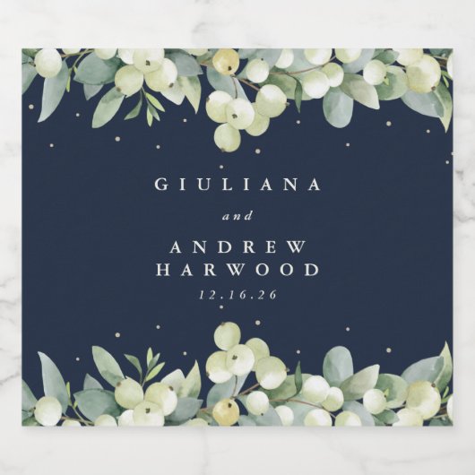 Donkere Navy Snowberry + Eucalyptus Winter bruilof Likeurfles Etiket (Enkel label)